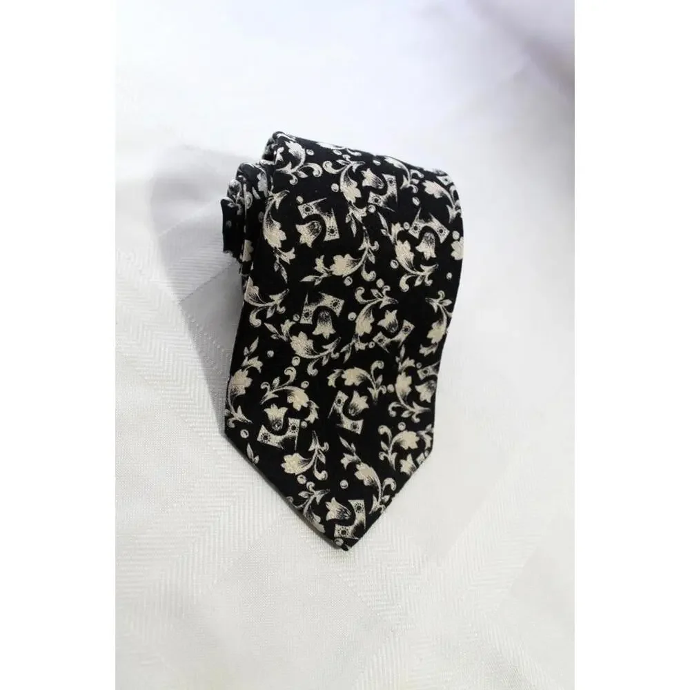 Vintage Custom Silk Necktie, Black & Beige Floral, 3.5 X 56 Inches
